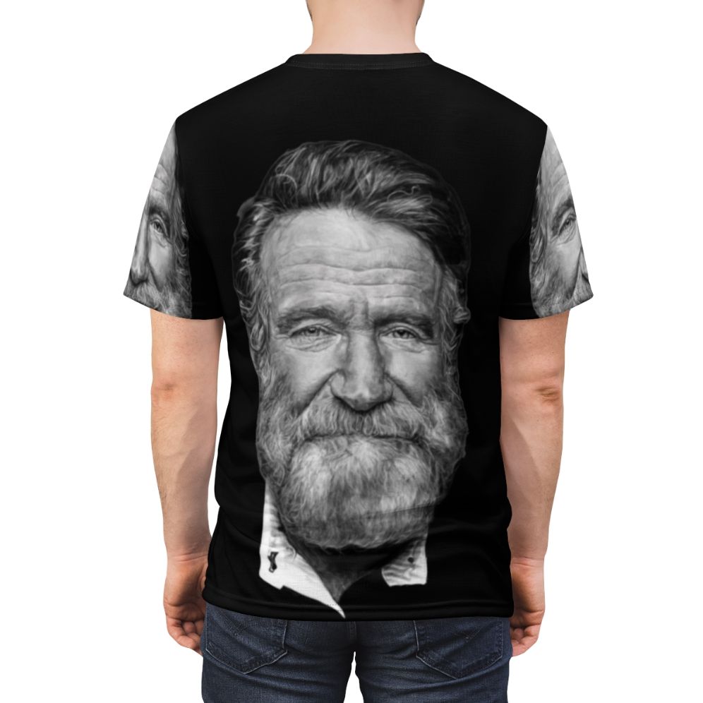 Artistic rendition of Robin Williams in a portrait design on a t-shirt - men back