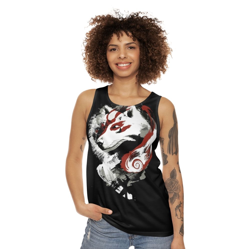 Unisex wolf graphic tank top with retro painterly okami and amaterasu design - women