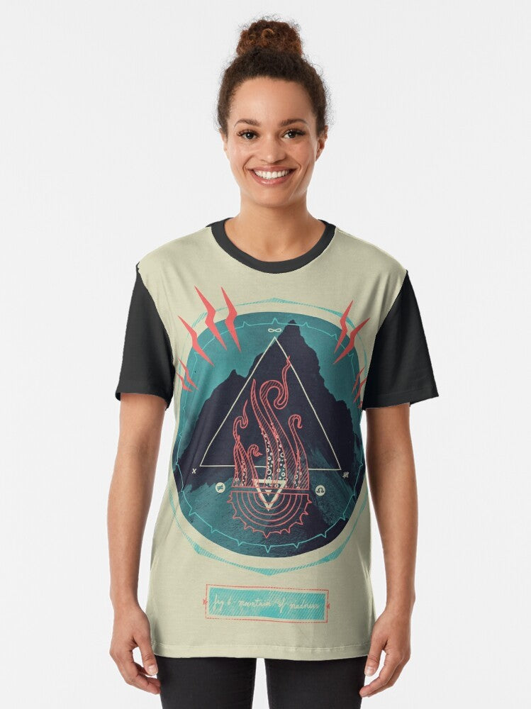 Graphic t-shirt featuring a Lovecraftian inspired mountain of madness design with lightning bolts, tentacles, and occult symbols. - Women