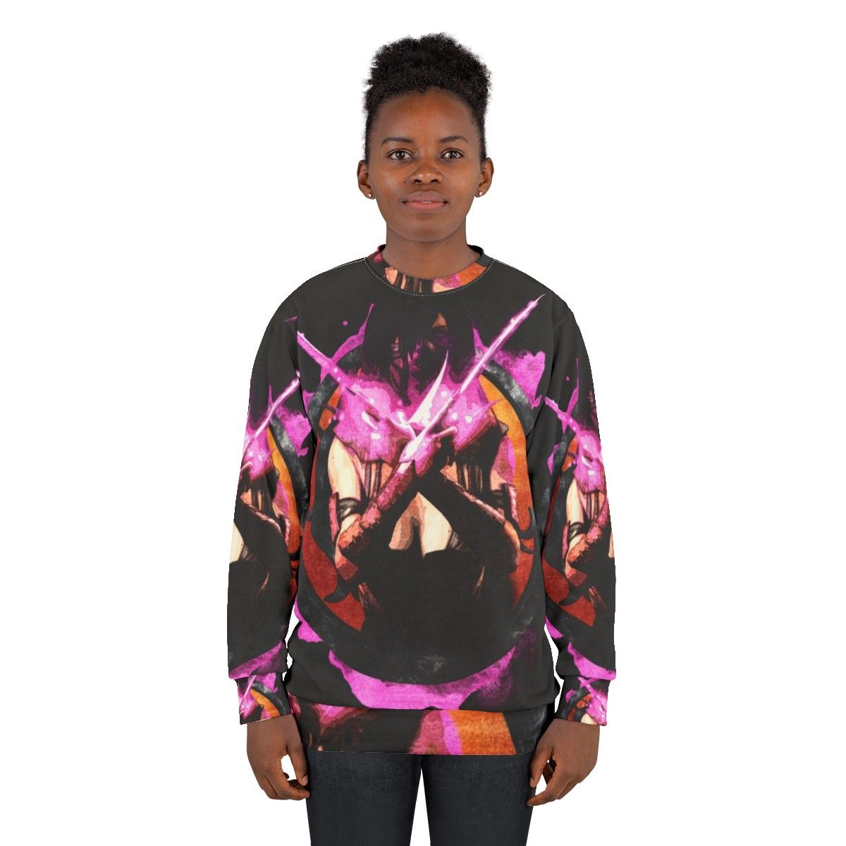 Mileena from Mortal Kombat fighting game character portrait on pink grunge sweatshirt - women