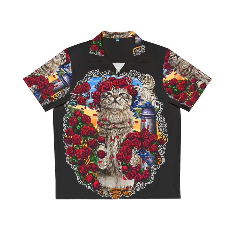 Grateful Cats and Roses Hawaiian Shirt with Skeleton Print