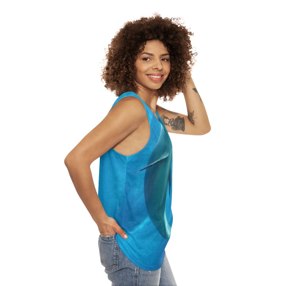 Dolphin unisex tank top with vibrant colors and nature-inspired design - women side