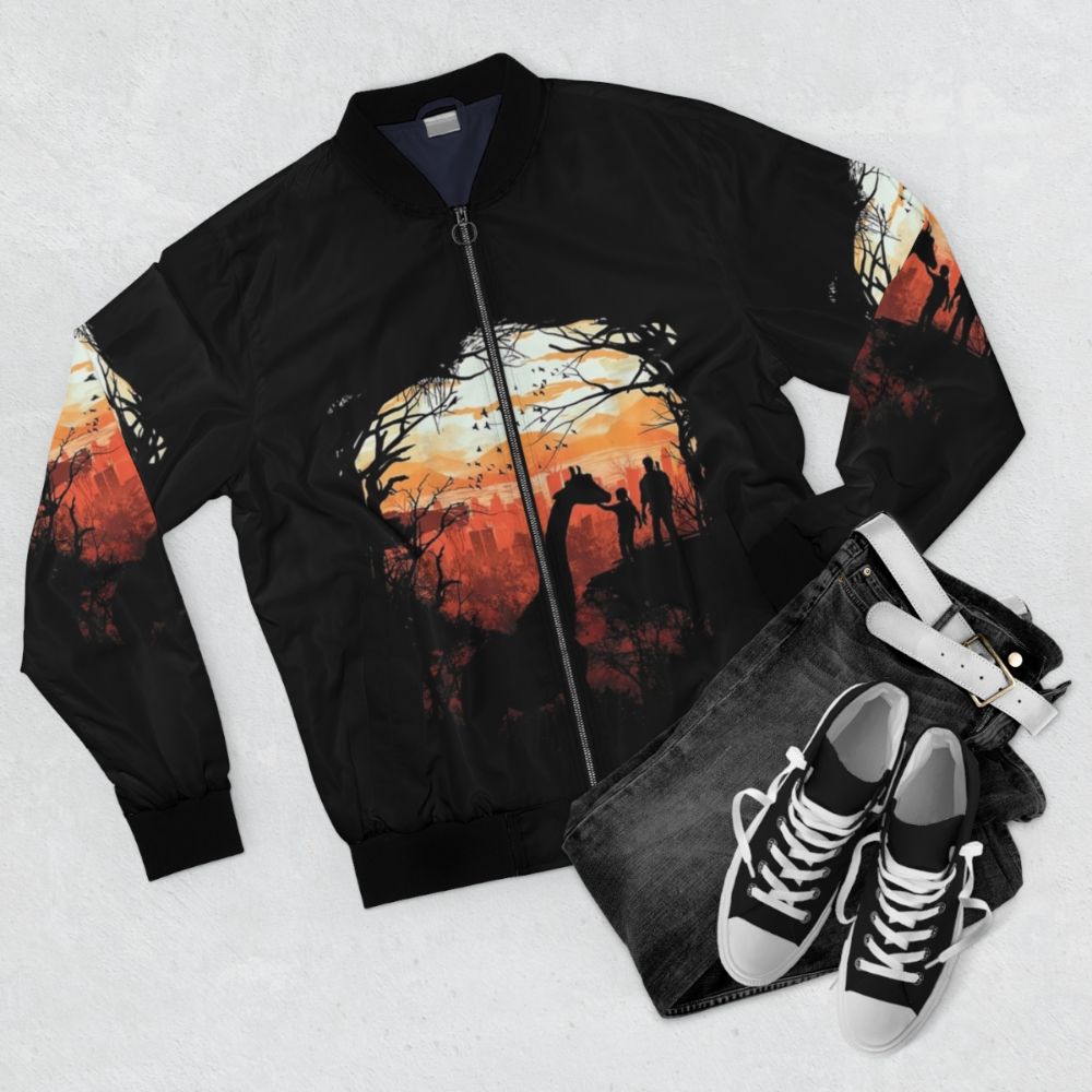 The Last of Us Apocalypse Bomber Jacket with gaming, nature, and vintage elements - Flat lay