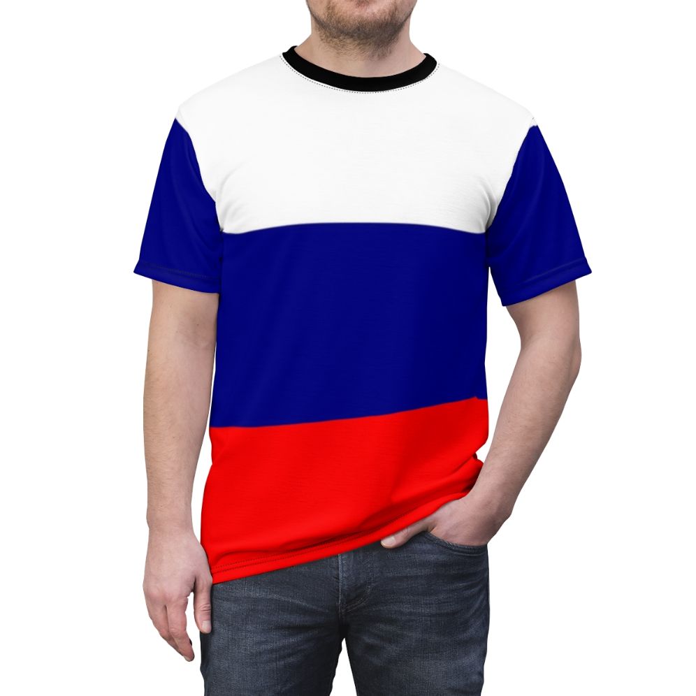 Vibrant Russian tricolor flag printed on a high-quality t-shirt - men front