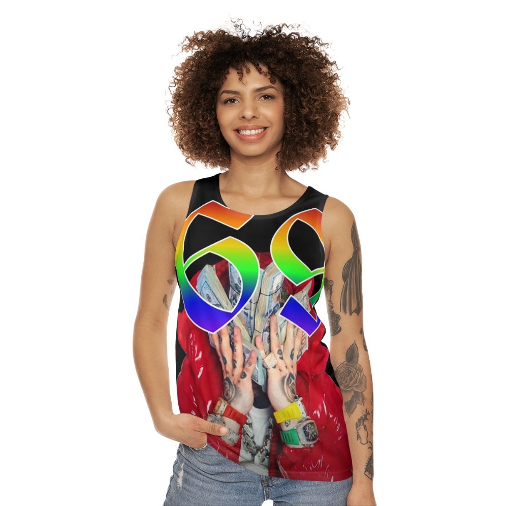 Unisex graphic tank top with hip-hop inspired design - women