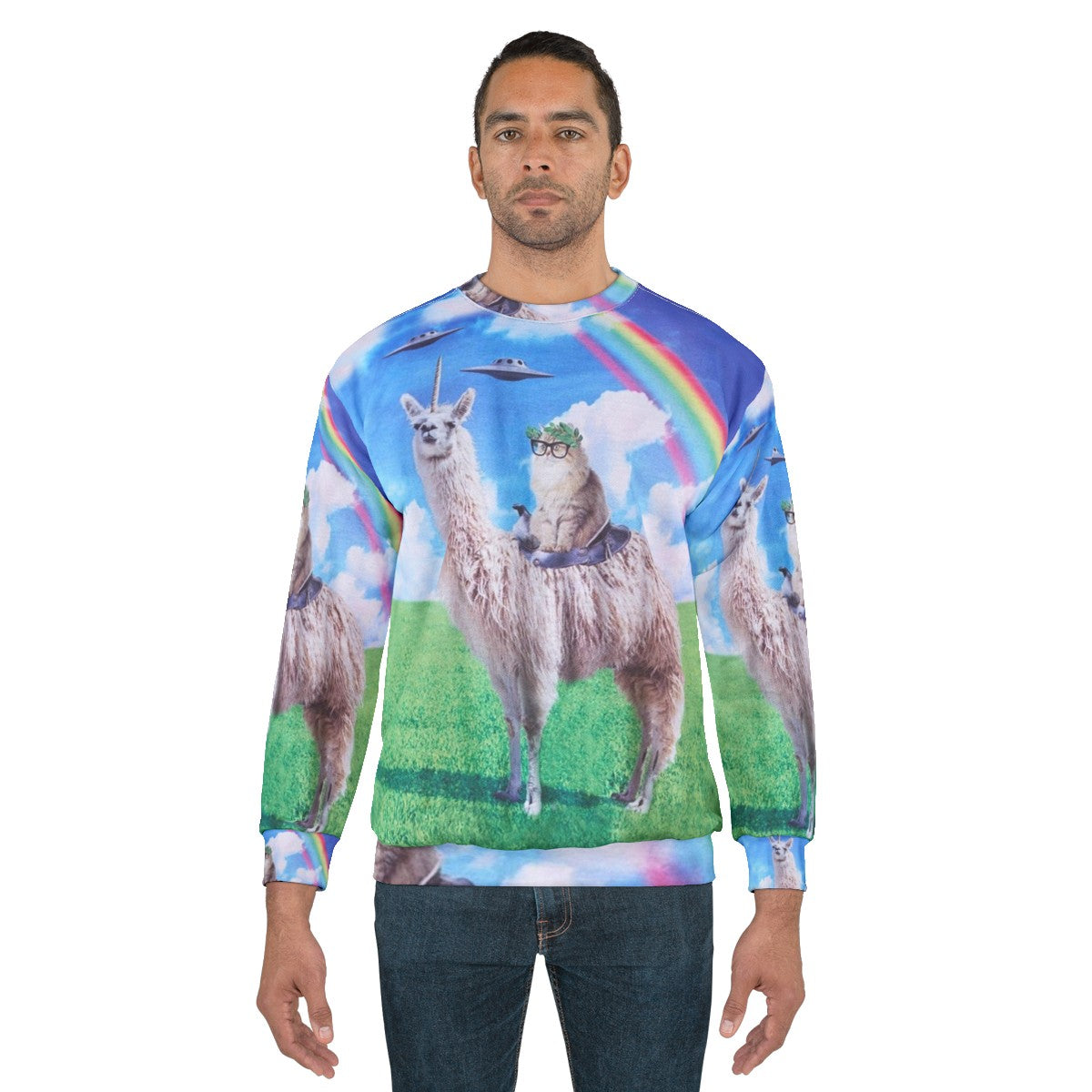 Cosmic cat riding llama unicorn rainbow UFO graphic sweatshirt - men