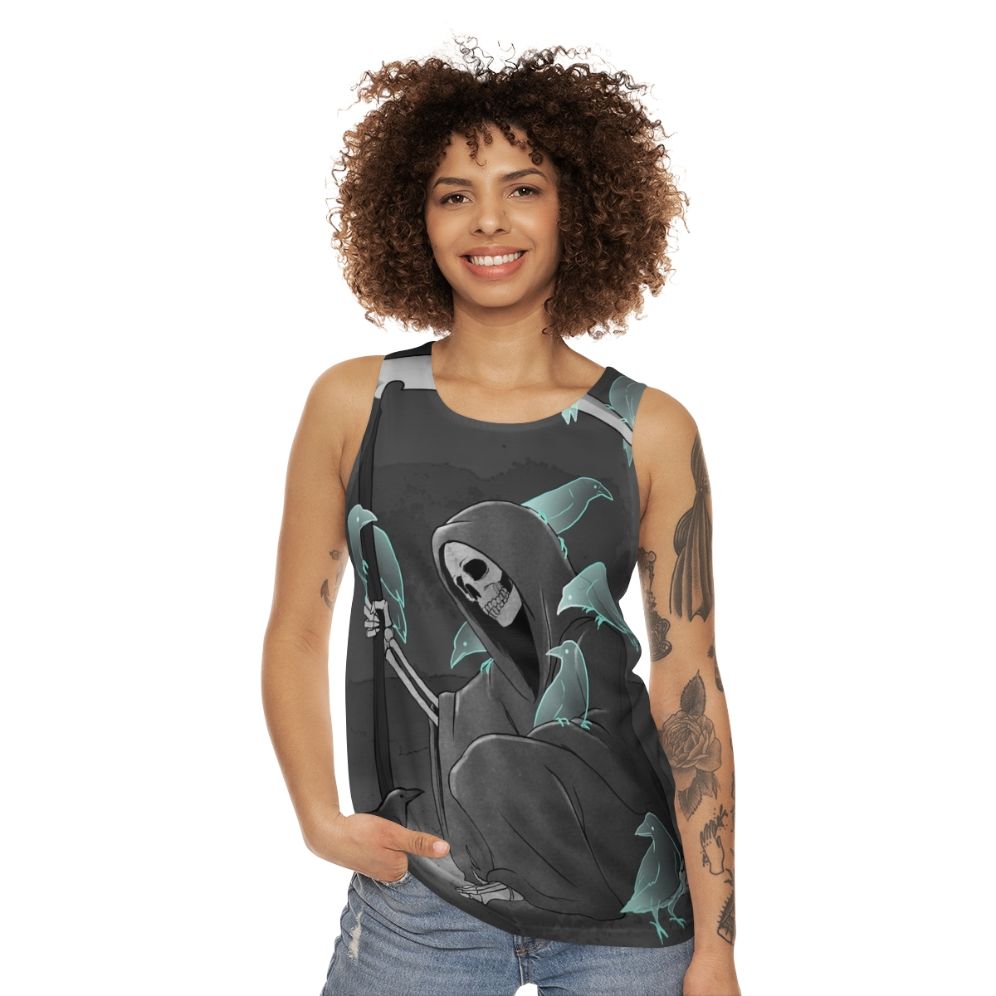 Unisex tank top with a dark gothic design featuring crows and a reaper - women