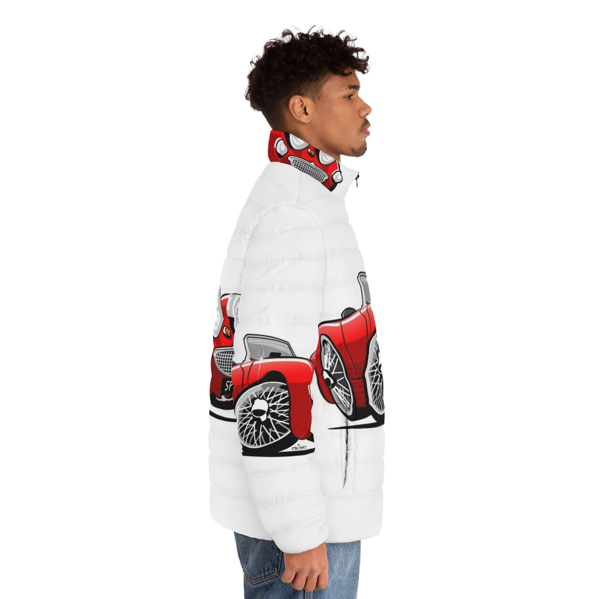 Austin Healey Sprite Caricature Red Puffer Jacket - men side right