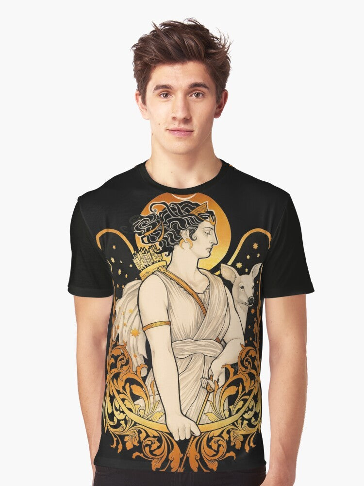 Artemis, the Greek goddess of the hunt, depicted in a stylized, artistic graphic t-shirt design featuring filigree, stars, and empowering feminine imagery. - Men