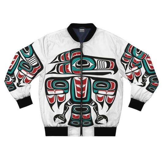 Haida Tlingit Raven Totem Bomber Jacket featuring indigenous tribal artwork and design