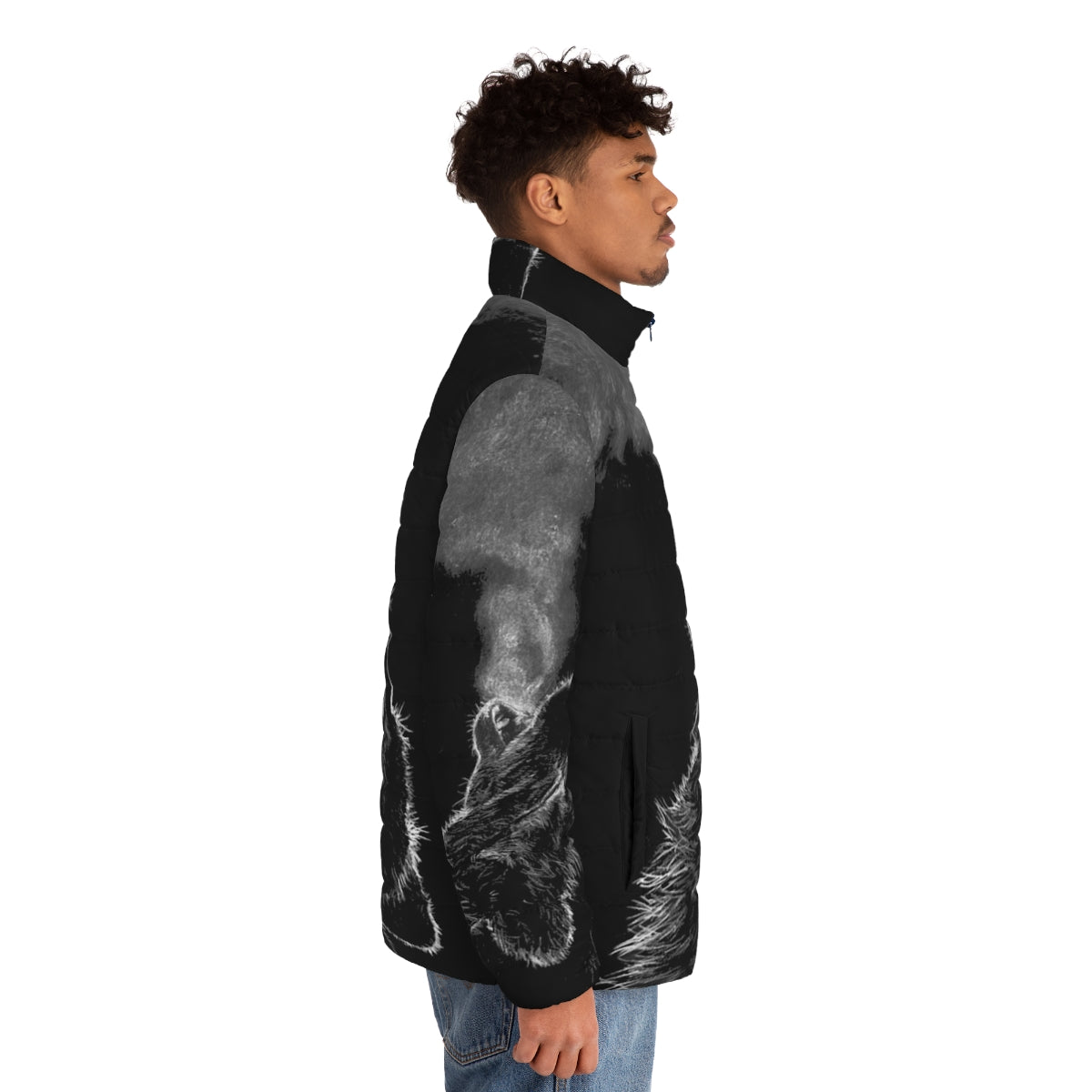 A black and white wolf puffer jacket with a furry hood and animal print design - men side right