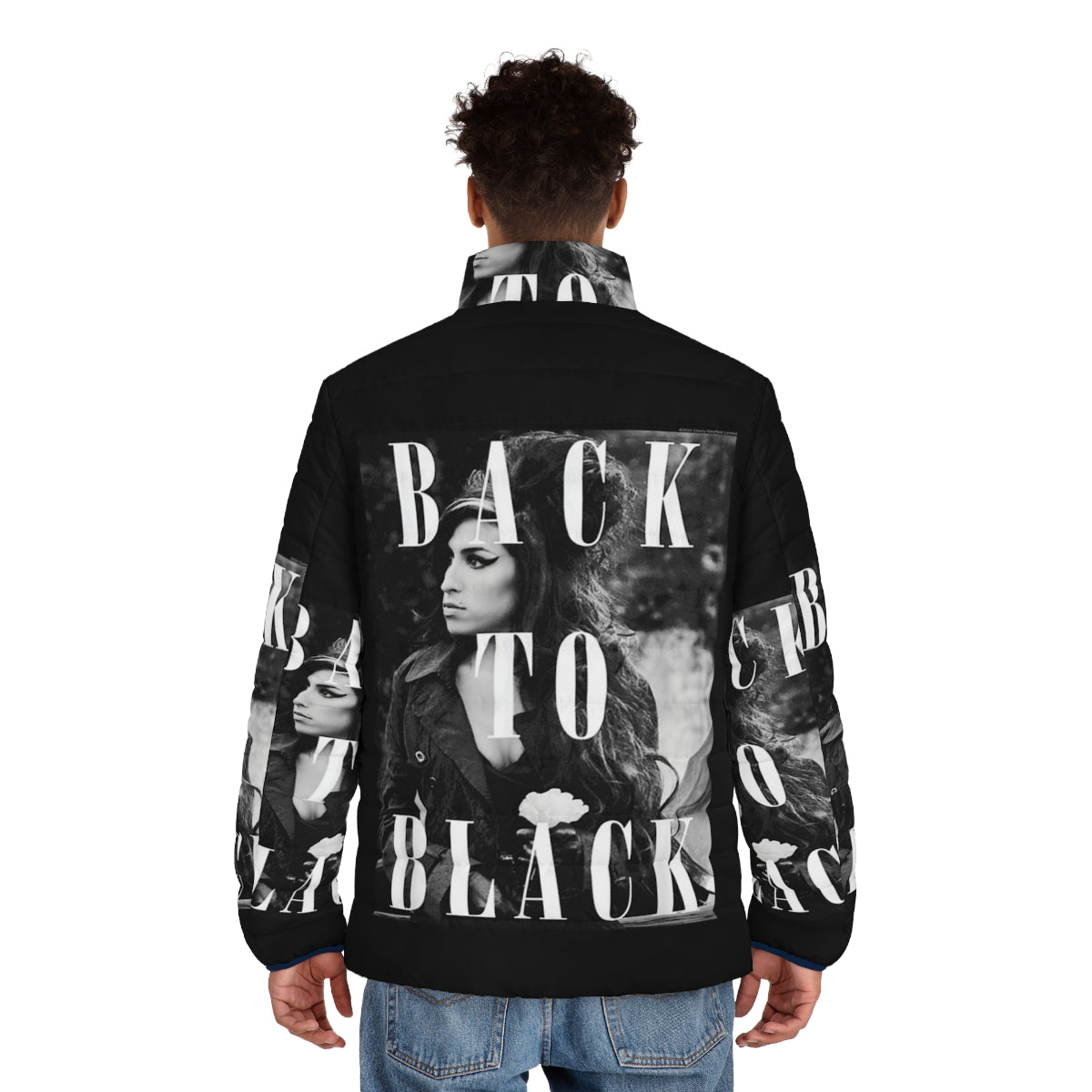 Black puffer jacket with vintage Amy Winehouse soul music inspired design - men back