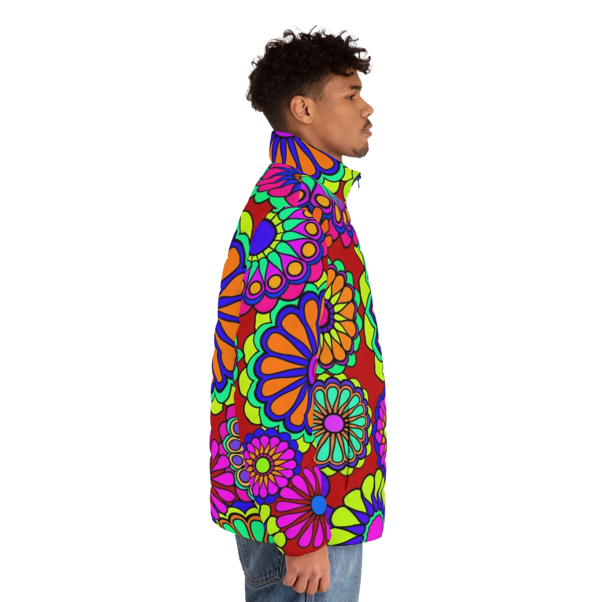 Retro floral puffer jacket with vibrant 1960s inspired design - men side right