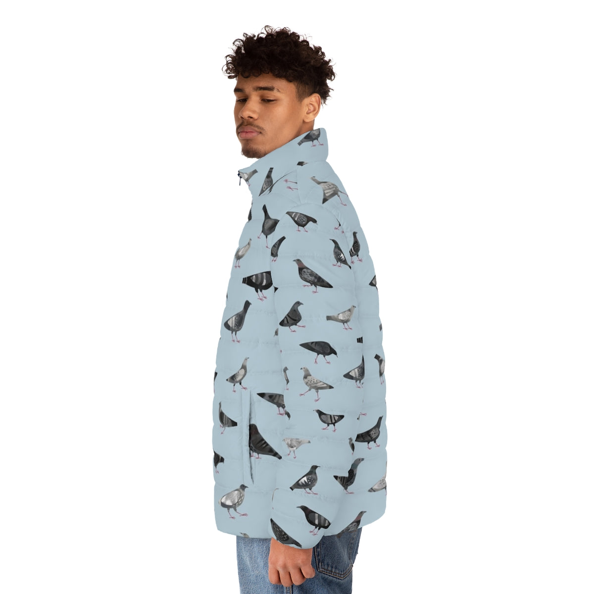 Puffer jacket with a repeating pattern of pigeons and doves in shades of gray - men side left