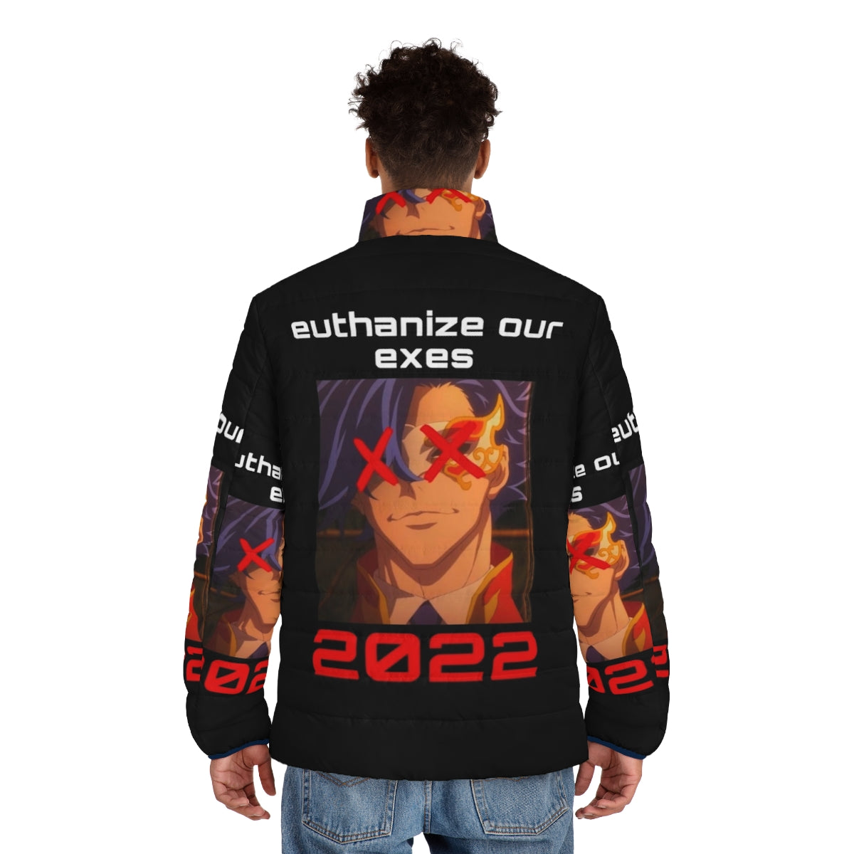 Anime-inspired puffer jacket with Sk8 the Infinity graphic design - men back