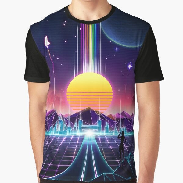 Neon Sunrise Graphic T-Shirt with Retro Vaporwave Design