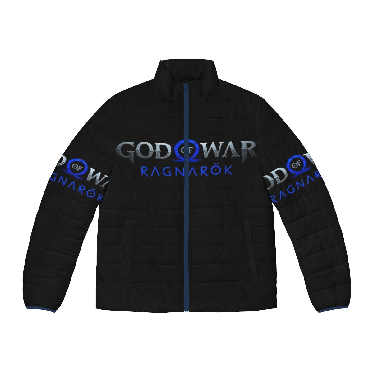 God of War Ragnarok Puffer Jacket featuring the iconic Norse mythology characters