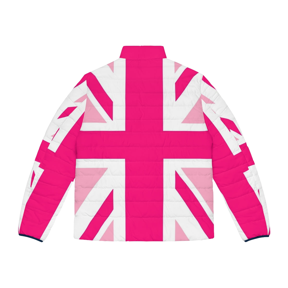 A vibrant pink puffer jacket featuring the iconic Union Jack design, representing the United Kingdom and promoting breast cancer awareness and LGBTQ+ pride. - Back