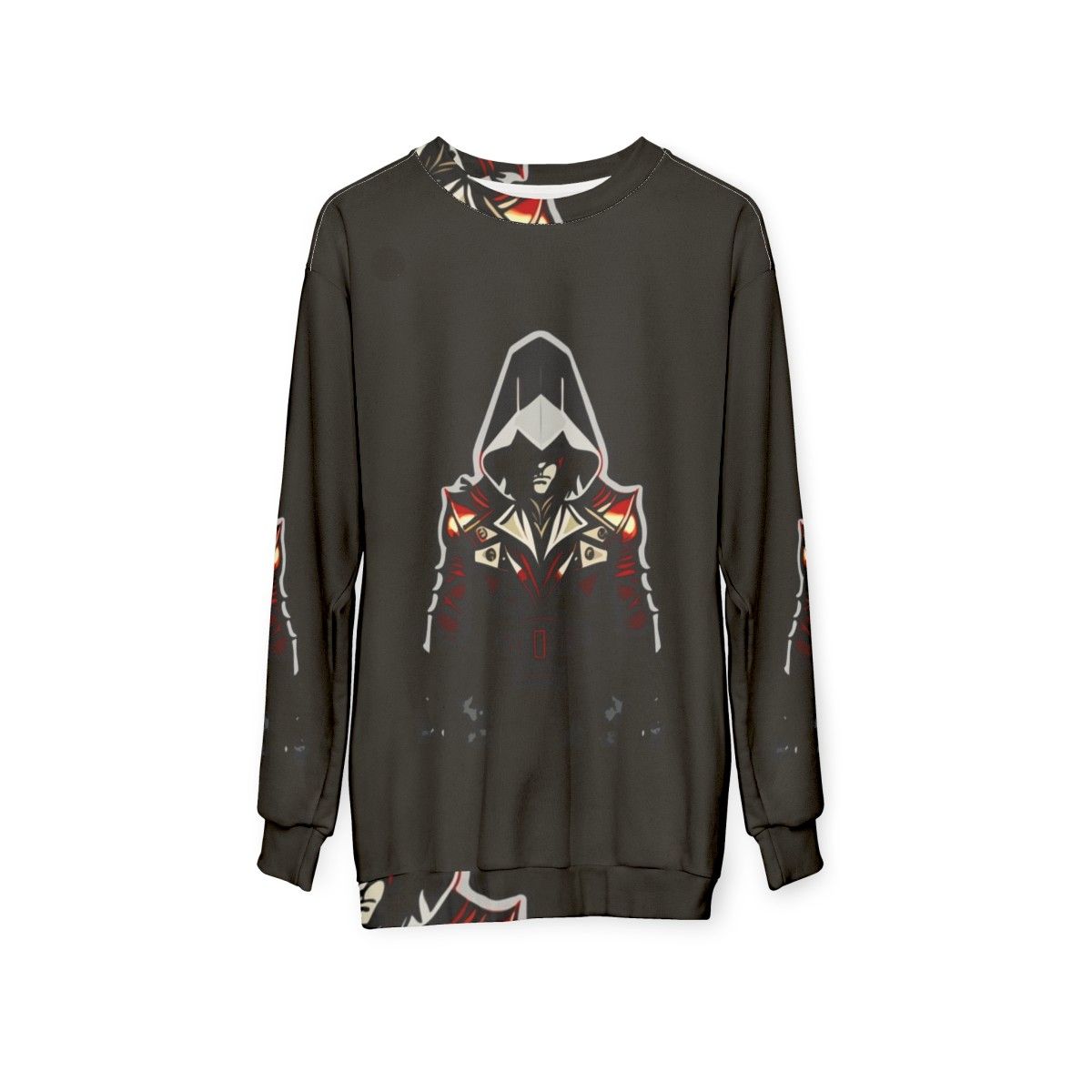 Assassins Creed inspired sweatshirt with iconic characters and stealth action design - hanging