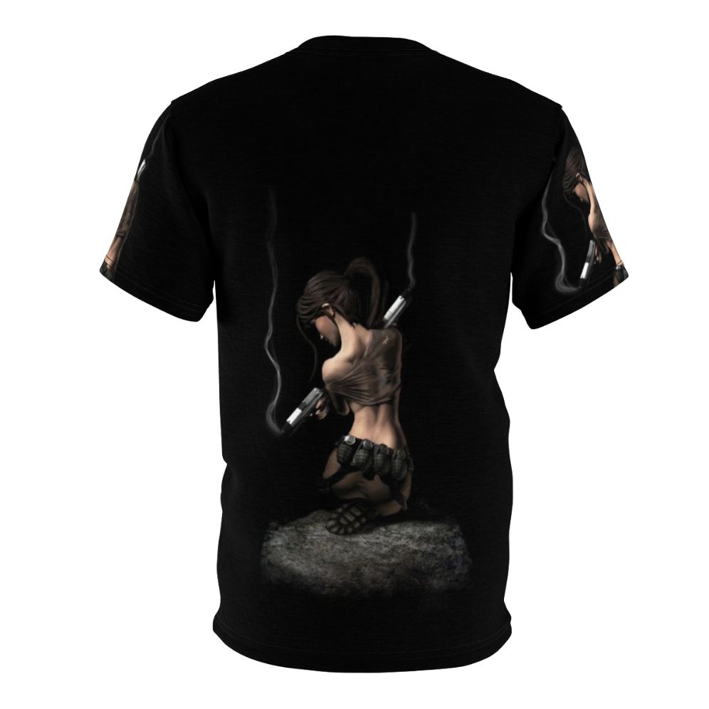 Adventure-inspired graphic tee featuring Lara Croft-style silhouette and tomb raider-themed design - Back