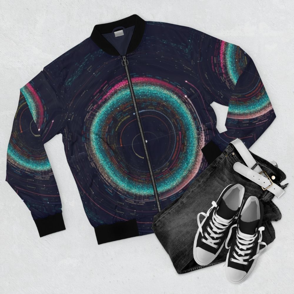 Asteroid Map of the Solar System Bomber Jacket featuring an infographic design of the asteroids and planets in the solar system. - Flat lay