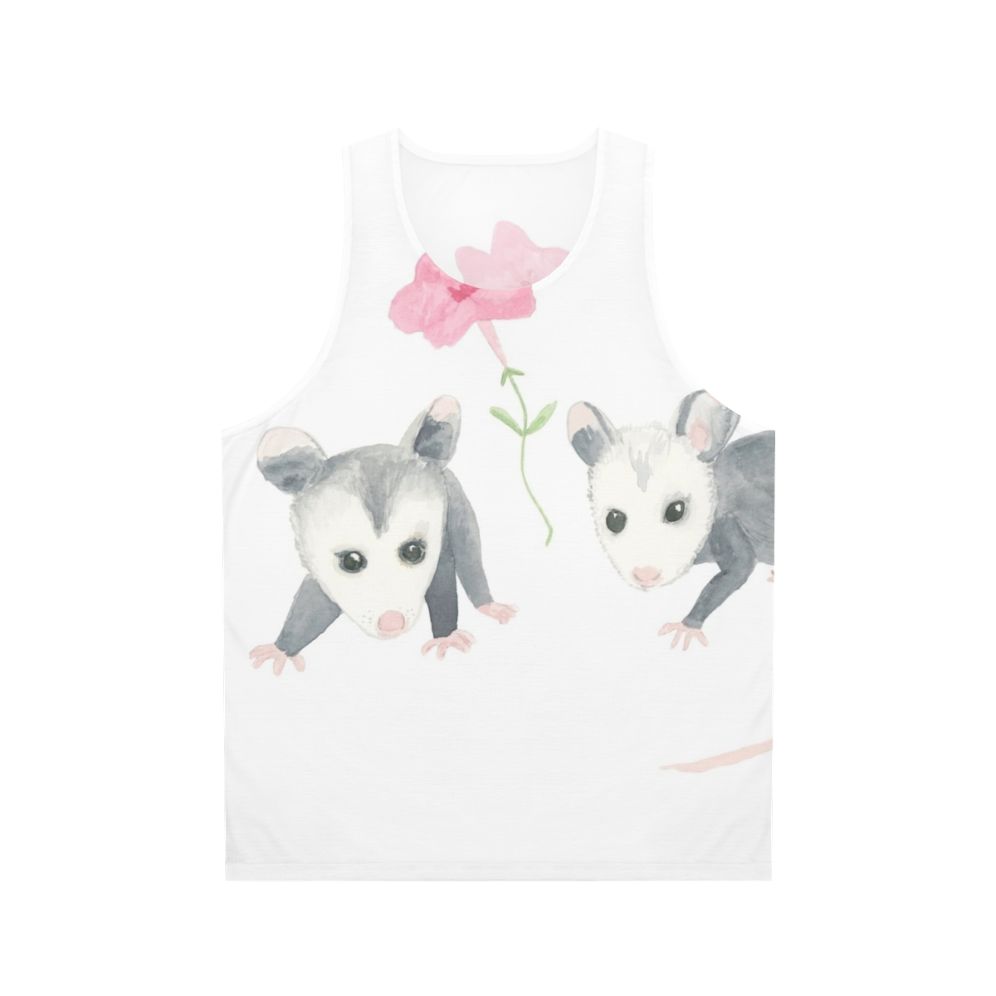 Baby opossum and pink petunia print on a unisex tank top