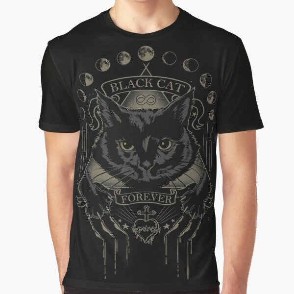 A black cat graphic t-shirt with an occult, lunar-inspired design