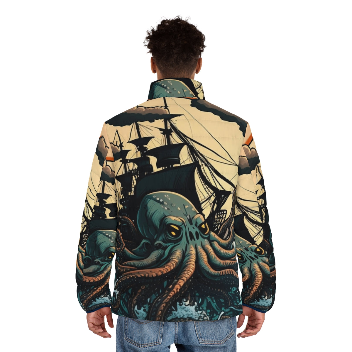 Mythical sea creature puffer jacket featuring legendary beasts and fantasy ocean creatures - men back