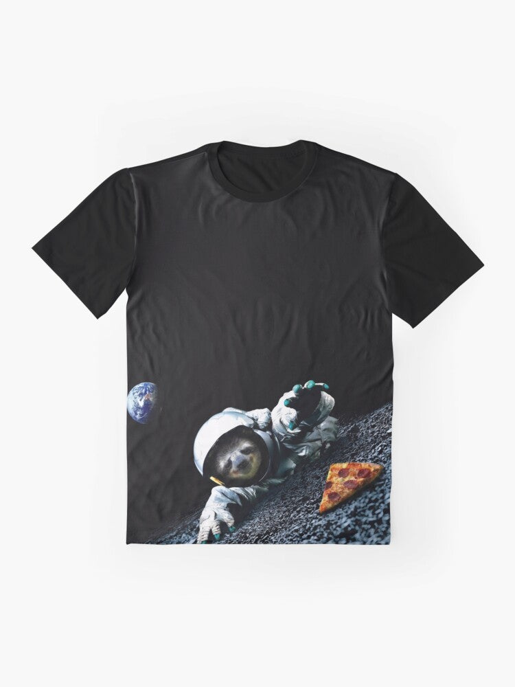 Slothstronaut graphic t-shirt featuring an astronaut sloth floating in space with a pizza slice - Flat lay