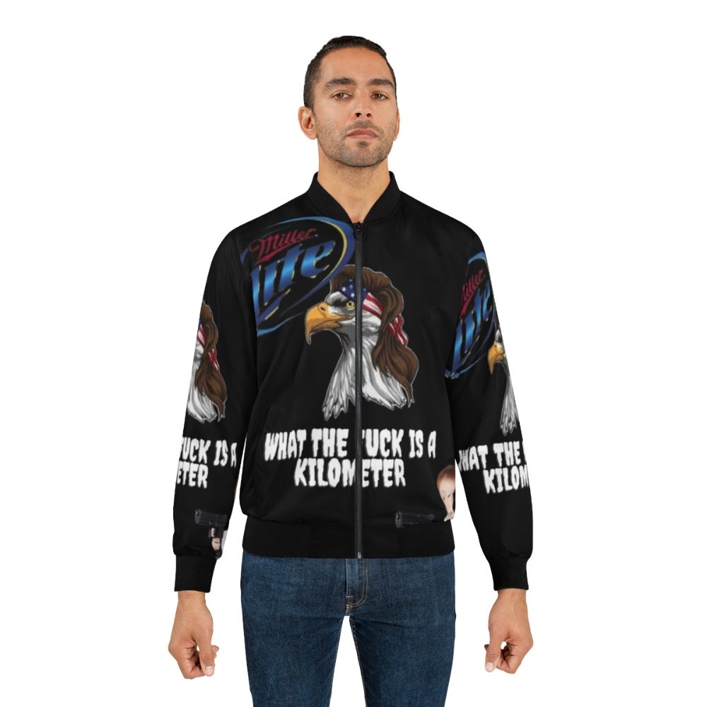 Funny American-themed bomber jacket with text "What the Fuck is a Kilometer?" - Lifestyle