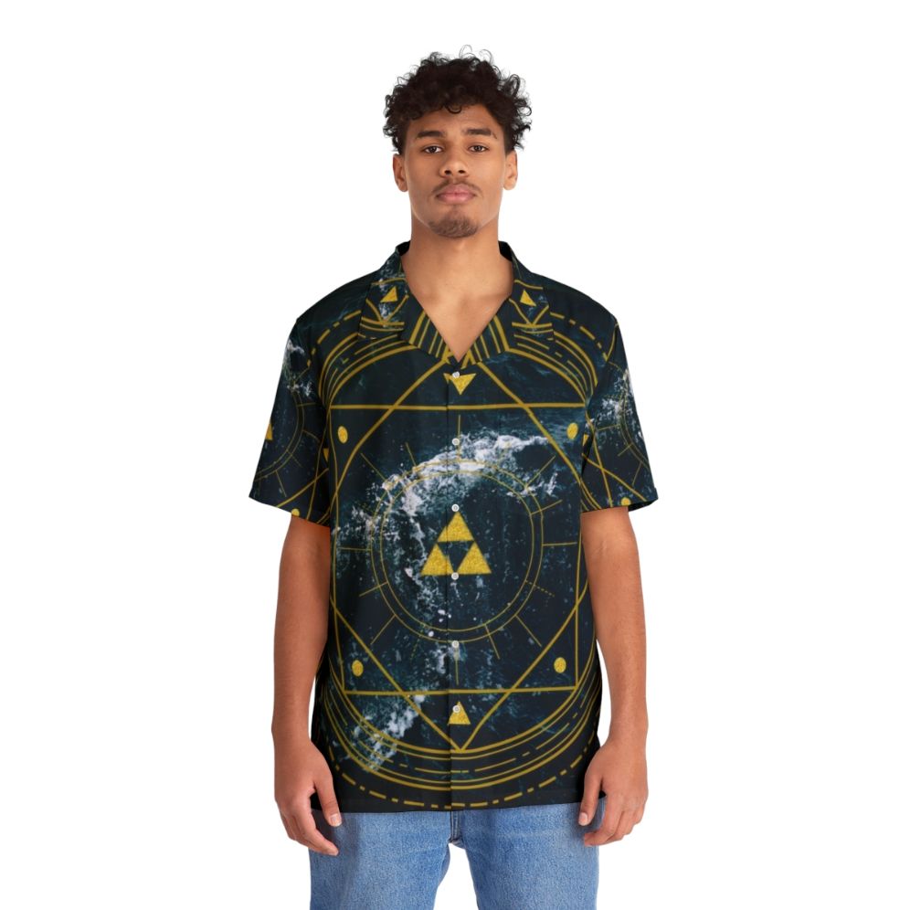 Geometric Triforce Hawaiian Shirt with Zelda-inspired Ocean Design - People Front