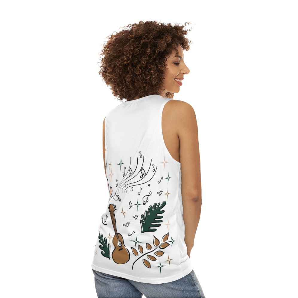 Unisex ukulele tank top with nature-inspired design - women back