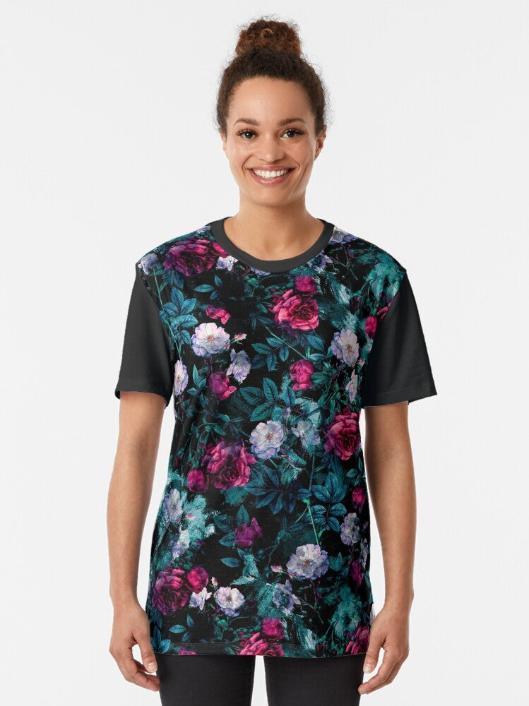 Floral abstract graphic t-shirt with a vintage, grunge design - Women