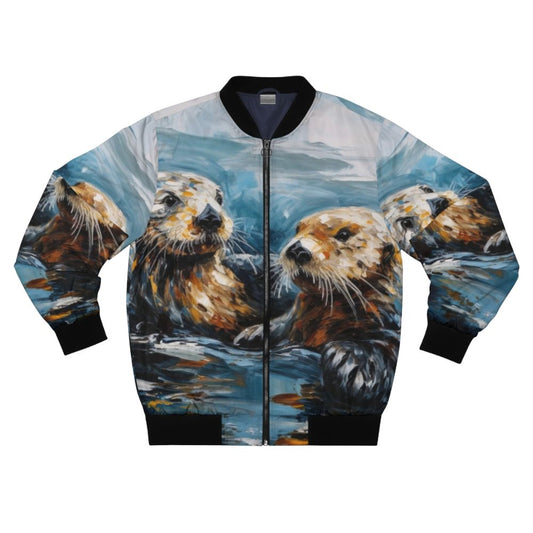 Finger painting design of cute sea otters on a bomber jacket