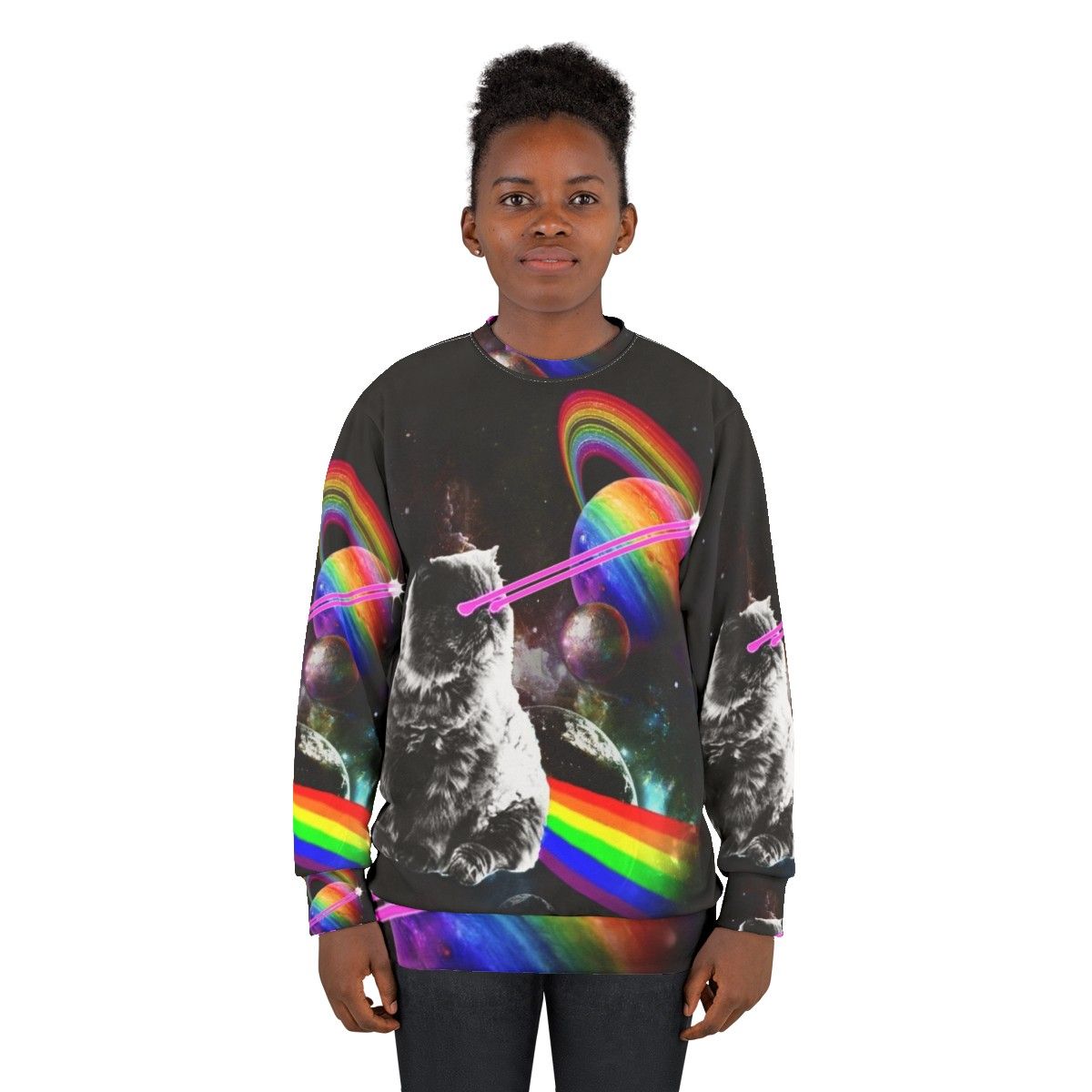 Cosmic cat in a space-themed intergalactic sweatshirt - women