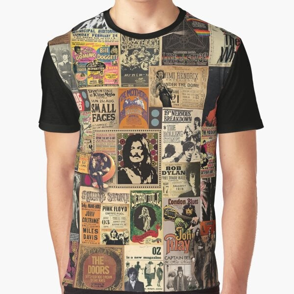 Rock and Roll Graphic T-Shirt featuring a colorful collage design with musical elements