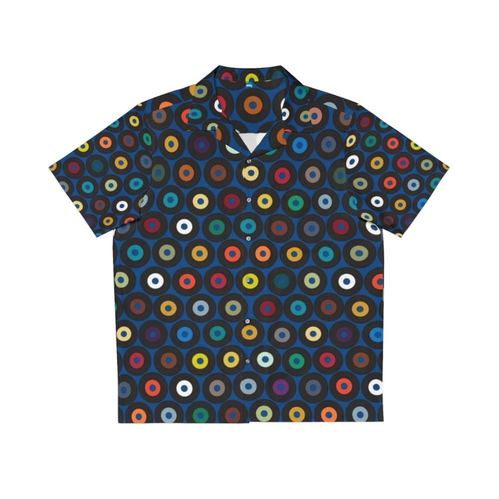 Blue Hawaiian shirt with vinyl record and graphic print design