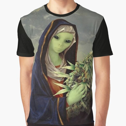 Mother Mary Jane graphic t-shirt with cannabis and marijuana leaf design