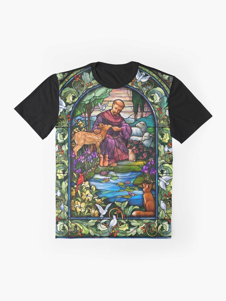 Eco-friendly St. Francis stained glass graphic t-shirt with decorative border and animals - Flat lay