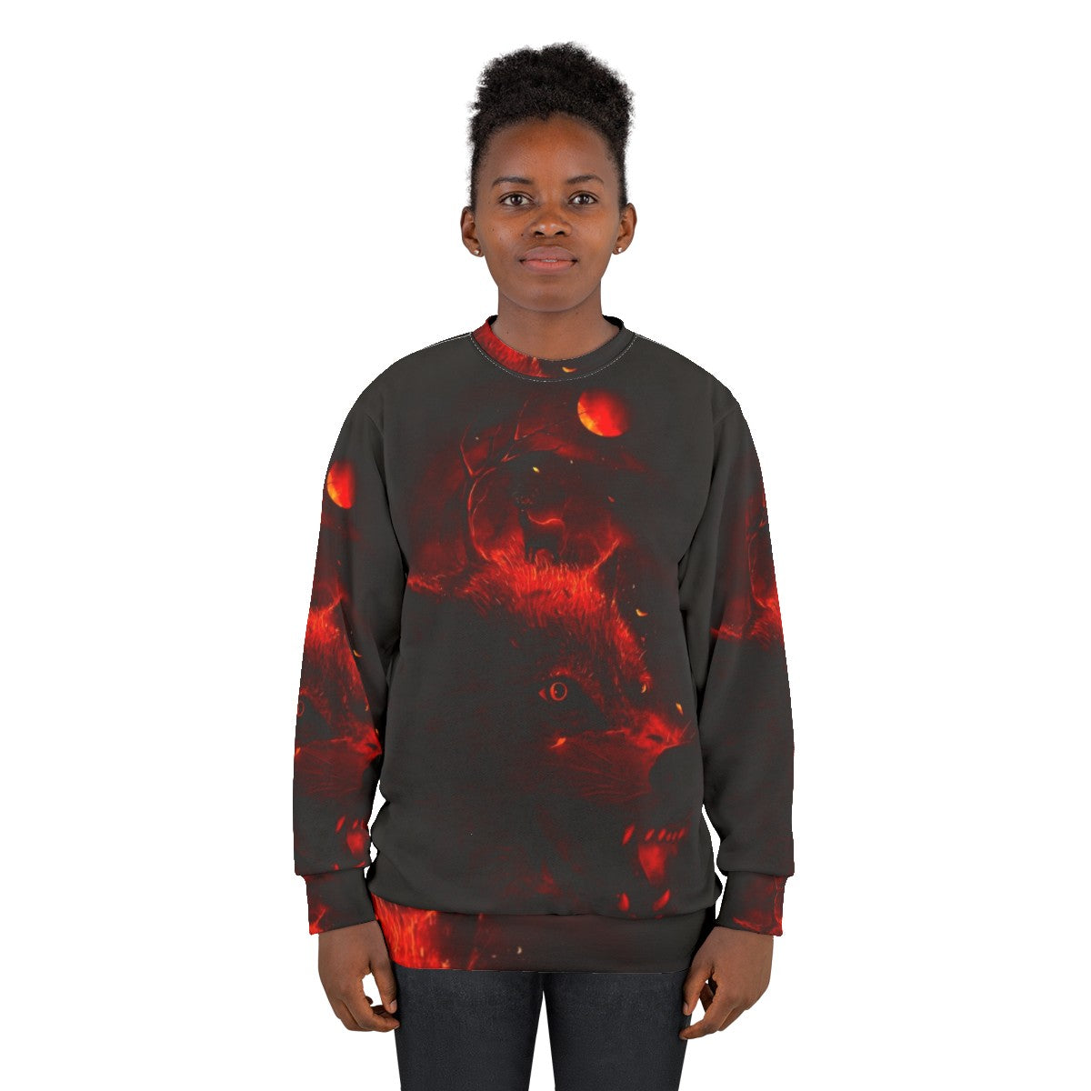 Red sweatshirt with dark night sky, wolf and deer silhouettes - women