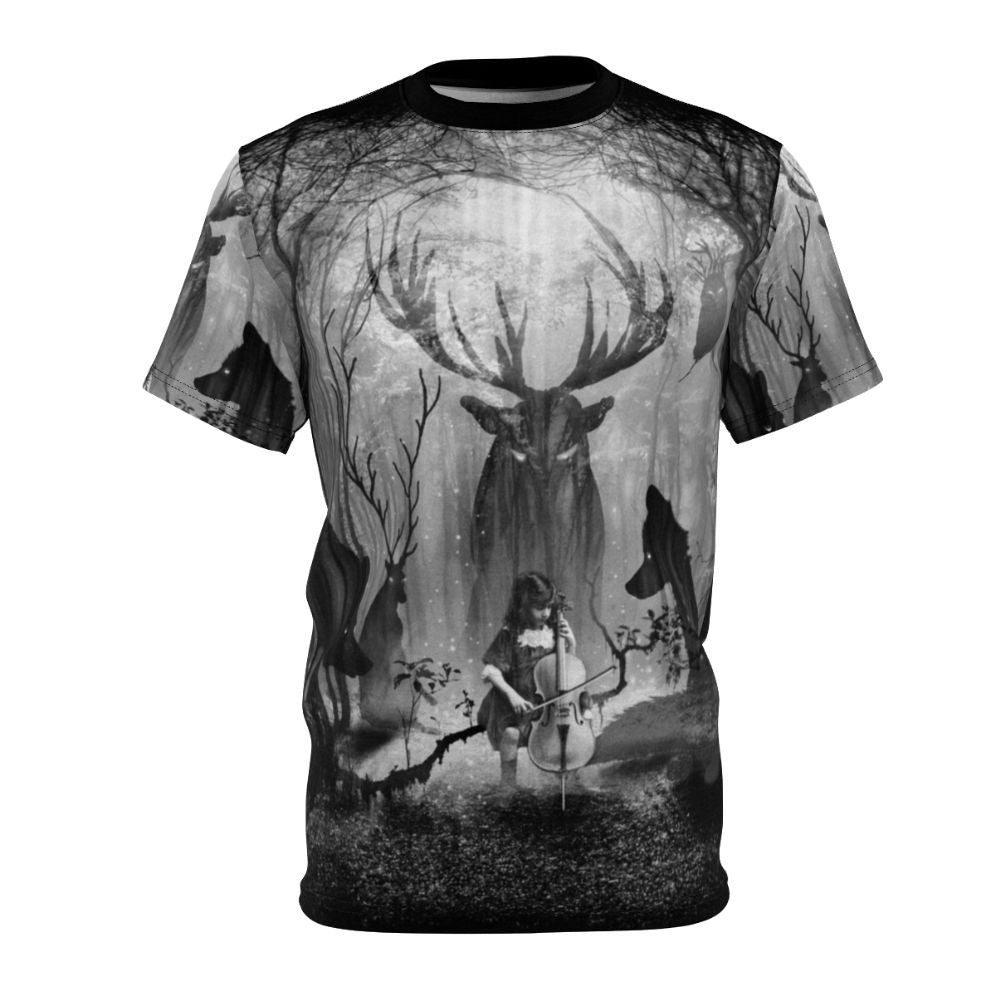 Enchanting forest cello music t-shirt with deer, fox, and wolf in a dreamy, fairytale-like woodland setting