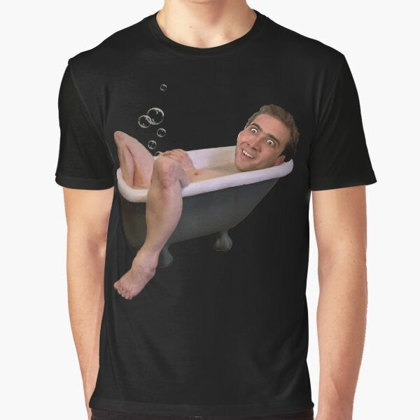 Graphic t-shirt featuring a funny image of Nicholas Cage taking a bath