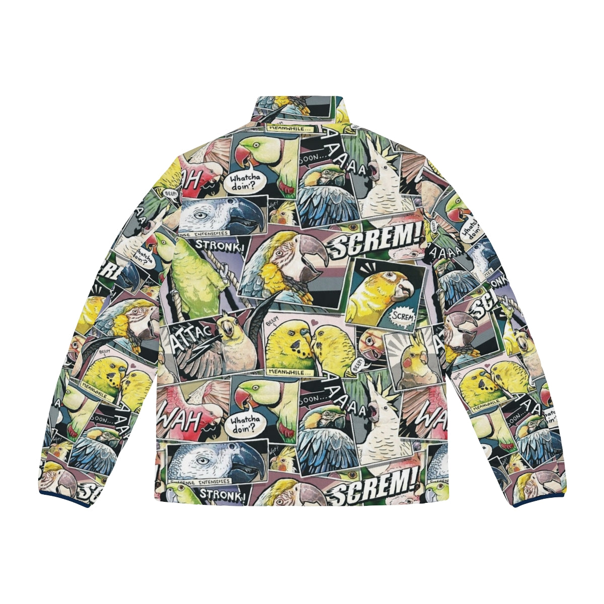 Parrot comic style puffer jacket with vibrant bird print design - Back