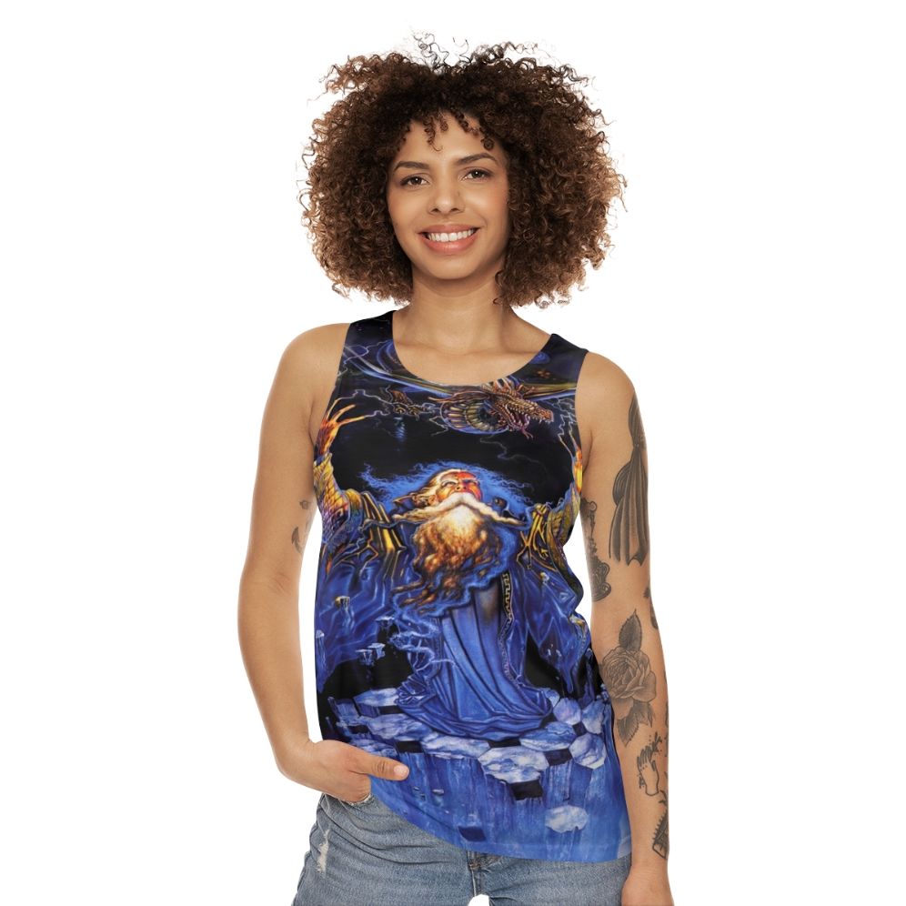 Dragon wizard graphic on unisex tank top - women