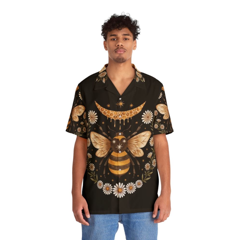 Honey Moon Hawaiian Shirt with Bees, Flowers, and Crescent Moon - People Front