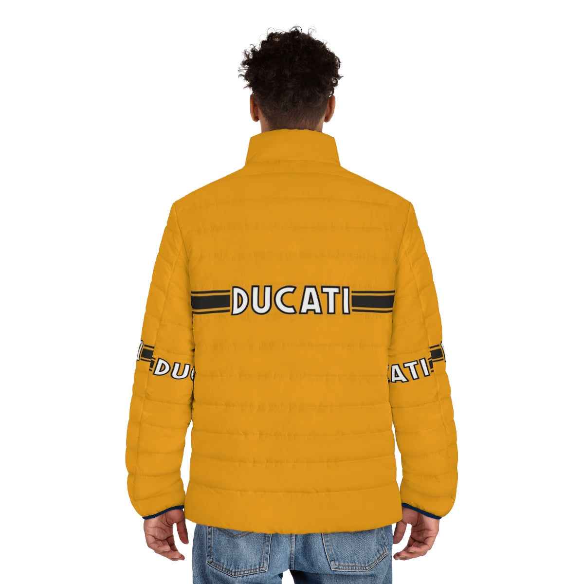 Retro 1970s Ducati graphic puffer jacket for vintage motorcycle enthusiasts - men back