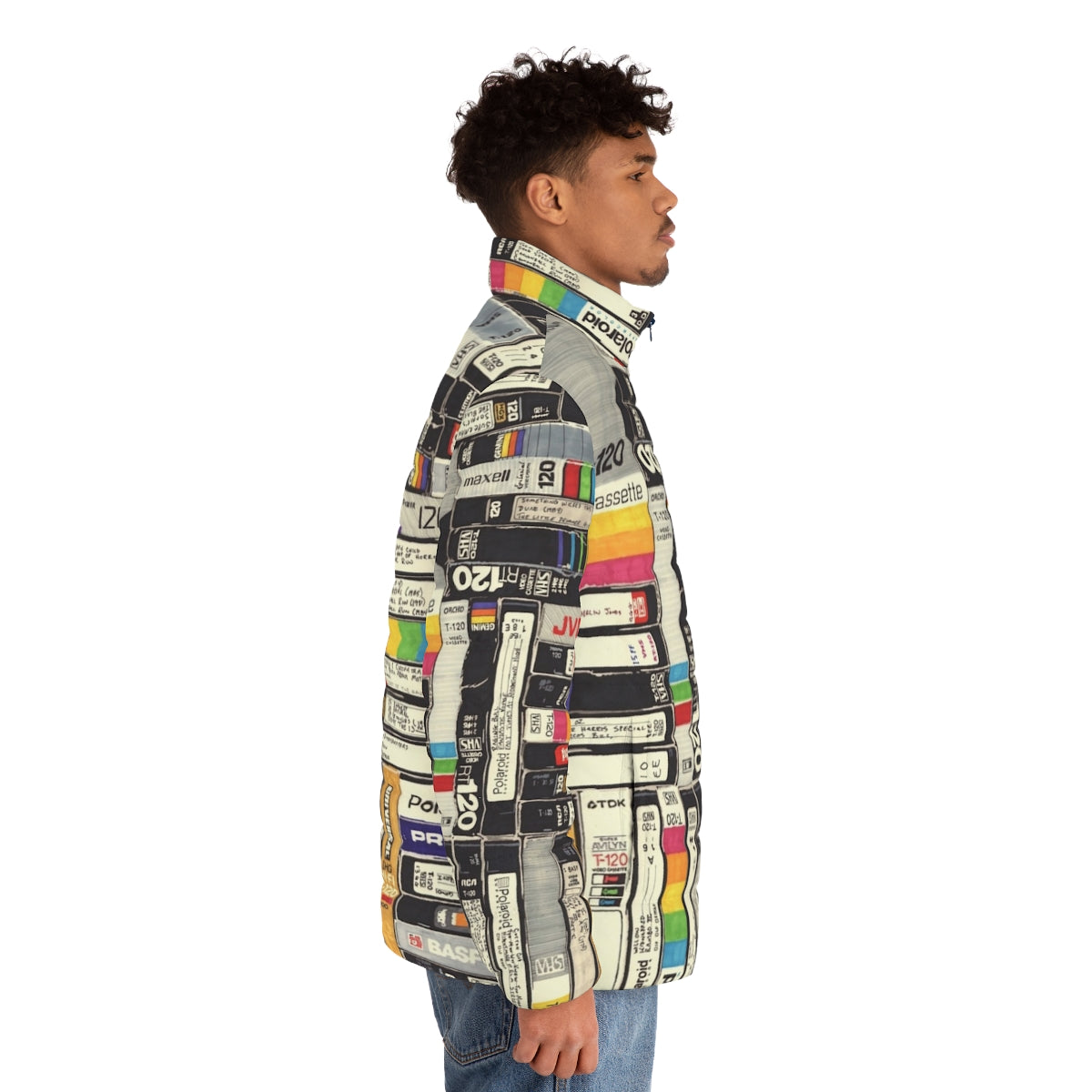 Retro VHS puffer jacket with vibrant, nostalgic graphics - men side right