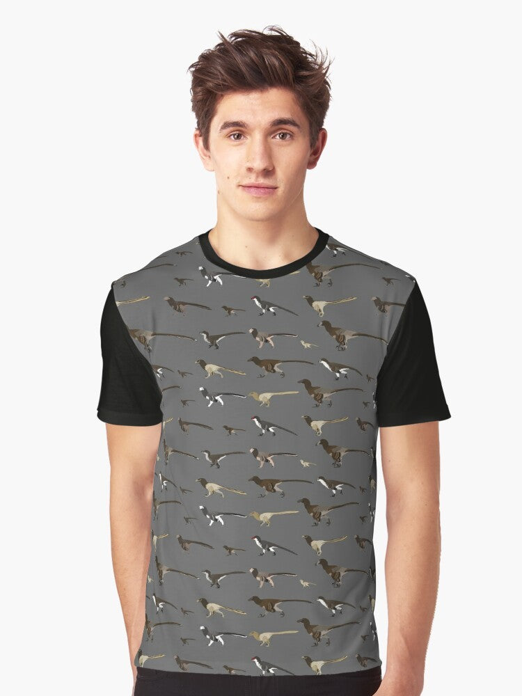 Graphic t-shirt featuring a velociraptor dromaeosaurid dinosaur design - Men