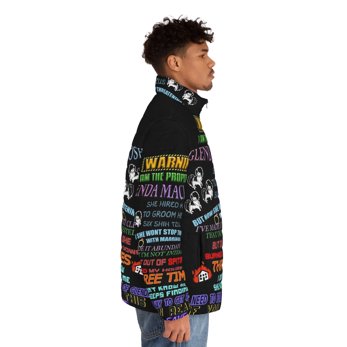 Weirdly specific Glenda puffer jacket with a humorous, quirky design - men side right