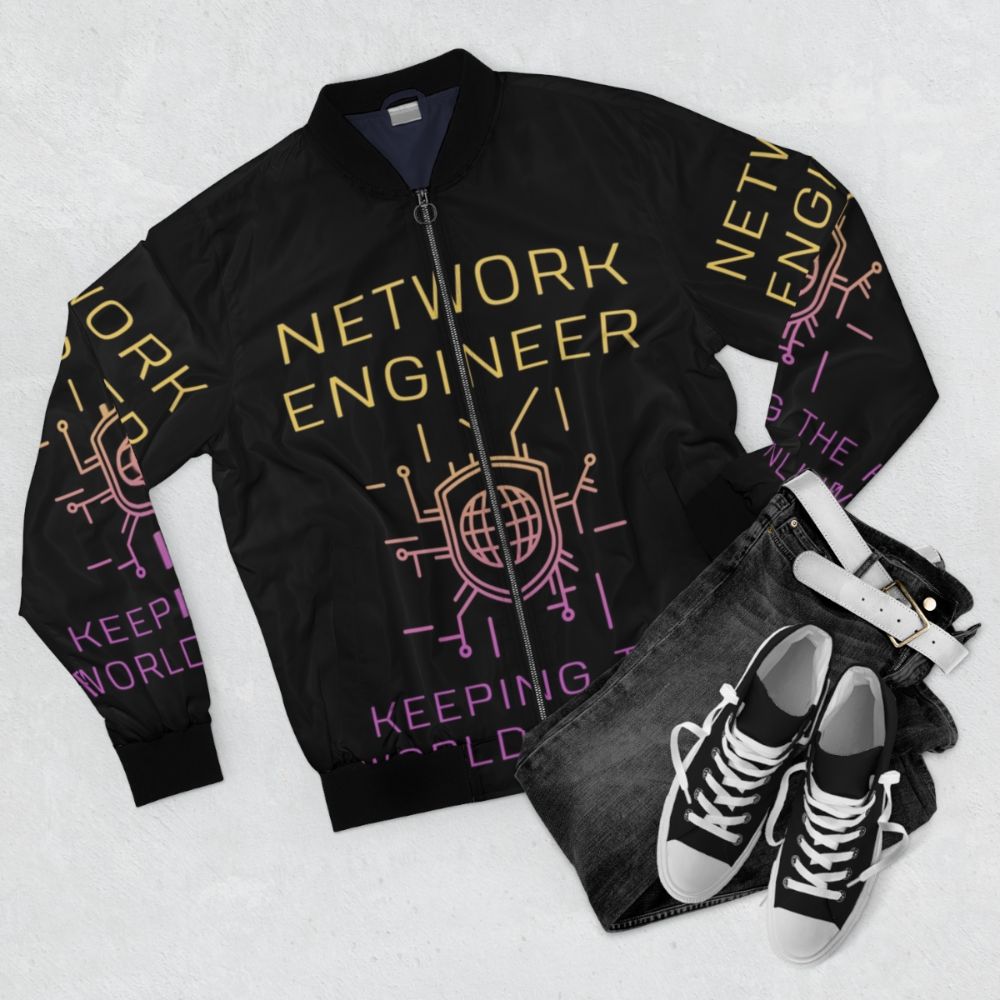 Network Engineer Bomber Jacket with Networking and Global Online Connections - Flat lay